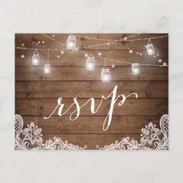 Cartão Postal De Convite Rustic Wood Mason Jar Lights Lace Casamento RSVP