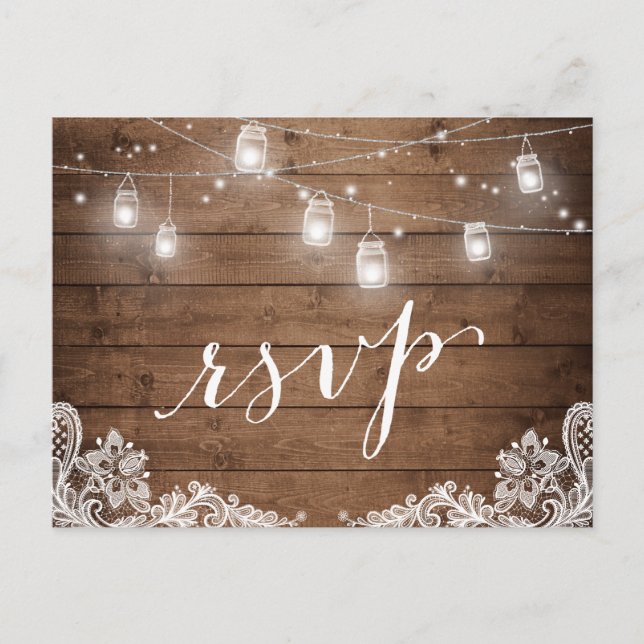 Cartão Postal De Convite Rustic Wood Mason Jar Lights Lace Casamento RSVP (Frente)