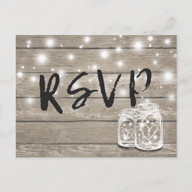 Cartão Postal De Convite Rustic Wood & Mason Jar String Luzes Casamento RSV (Frente)