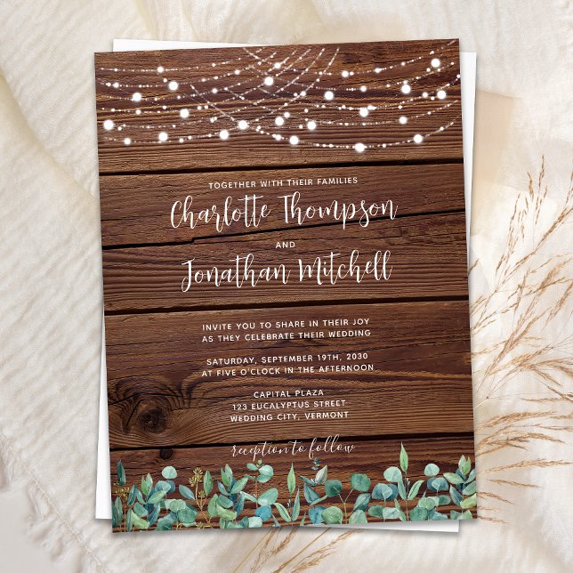 Cartão Postal De Convite Rustic Wood String Luz Eucalyptus Wedding Invit (Criador carregado)