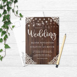 Cartão Postal De Convite Rustic Wood String Luzes Lace Casamento<br><div class="desc">Cartões postais de convite para casamentos de madeiras russas e de lança-calhas, com um fundo de madeira rústica com cordas de luz cintilantes e um local de estilo de vintagem nos cantos inferiores. A palavra casamento é lançada em uma elegante mas rústica tipografia, fazer este é o design perfeito para...</div>