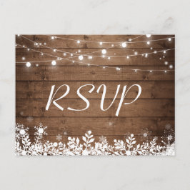 Cartão Postal De Convite Rustic Wood String Luzes Snowflakes Casamento RSVP