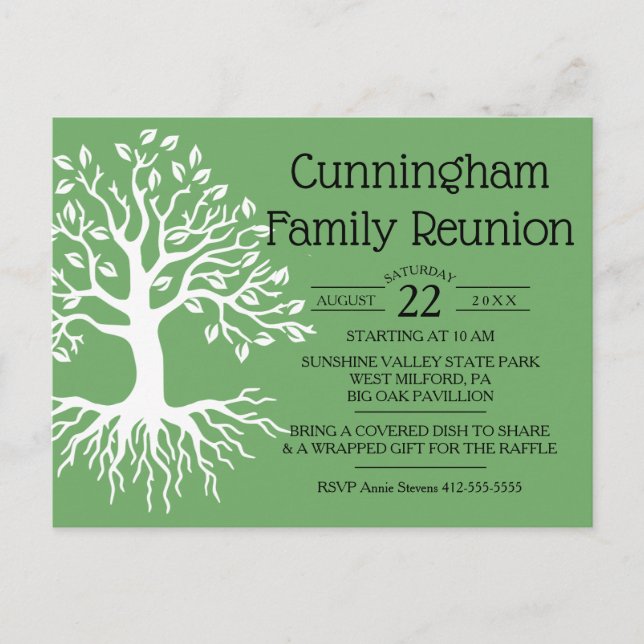 Cartão Postal De Convite Sage Green Family Reunion Family Tree Silhouette (Frente)