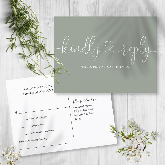 Cartão Postal De Convite Sage Green Heart Script Song Request RSVP (Criador carregado)