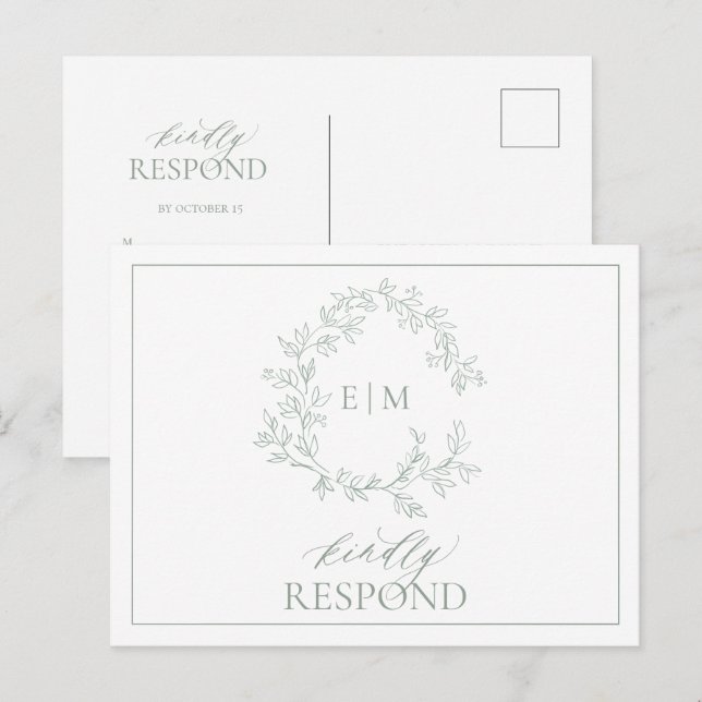 Cartão Postal De Convite Sage Green Leafy Crest Monograma Wedding RSVP Invi (Frente/Verso)