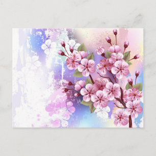 Cartão Postal De Convite Sakura rosa no fundo da pintura