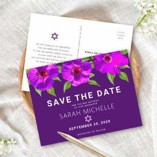 Cartão Postal De Convite Salvar a Data Bat Mitzvah Purple Floral Watercolor