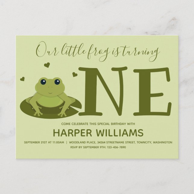 Cartão Postal De Convite Sapo Virando Um Animal Verde Primeiro Aniversário (Frente)