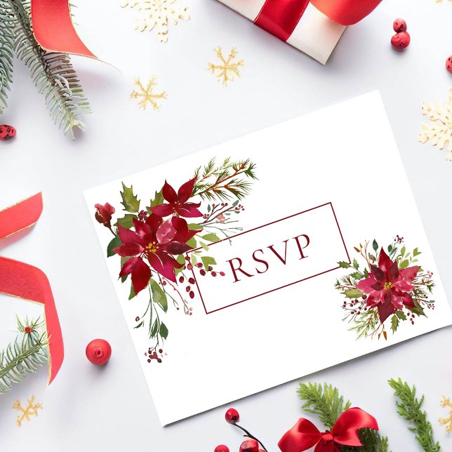 Cartão Postal De Convite Scarlet Red Poinsettia Floral Weding RSVP (Criador carregado)