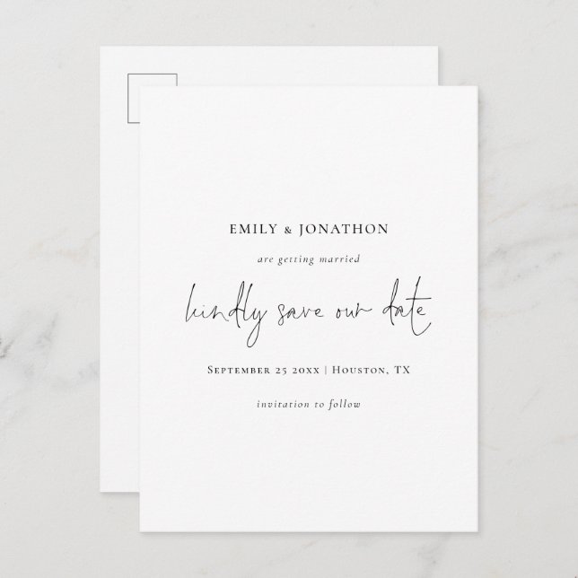 Cartão Postal De Convite Script Elegante Branco Preto Simples Salvar A Data (Frente/Verso)