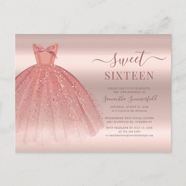 Cartão Postal De Convite Script Moderno Rosa Dourado Glam Sweet 16 (Frente)