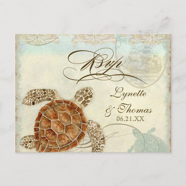 Cartão Postal De Convite Sea Turtle Modern Coaster Ocean Beach Swirls Estil (Frente)