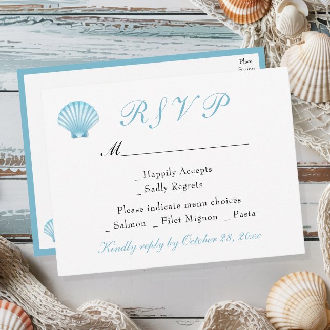 Cartão Postal De Convite Seashell Coastal Romântico Casamento de Verão RSVP (Criador carregado)