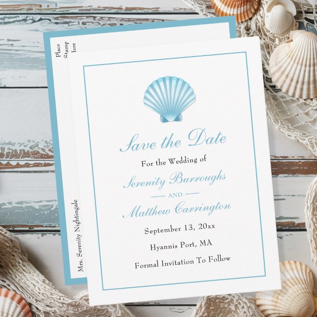 Cartão Postal De Convite Seashell Summer Beach Wedding Save the Date (Criador carregado)