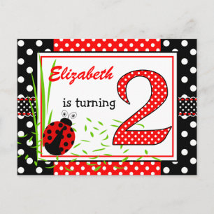 Cartão Postal De Convite Segundo aniversário Bonito Ladybugs