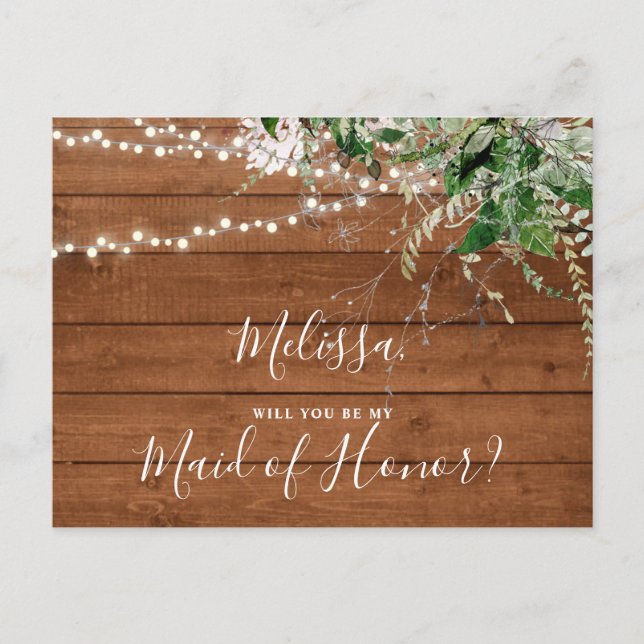 Cartão Postal De Convite Seja minha Madrinha de casamento Boho Woodland Gre (Frente)