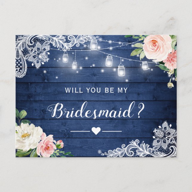 Cartão Postal De Convite Seja Minha Proposta De Bridesmaid Russo Azul Blush (Frente)