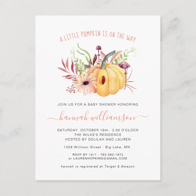 Cartão Postal De Convite Sexo Neutro Pequeno Chá de fraldas de outono de Ab (Frente)