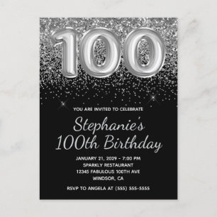 Cartão Postal De Convite Silver Glitter Black 100th Birthday