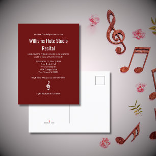 Cartão Postal De Convite Simples Red Treble Clef Music Studio Considerando
