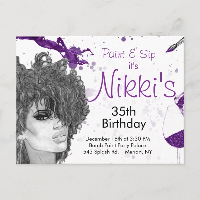 Cartão Postal De Convite Sip & Paint Birthday Invite (Frente)