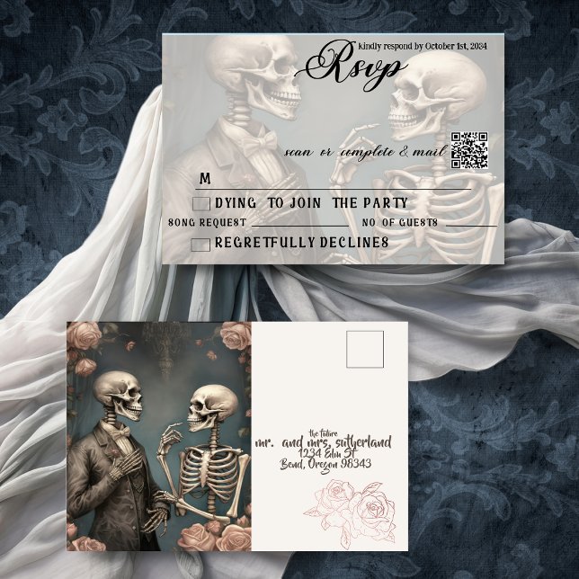 Cartão Postal De Convite Skeleton Casal Til Death Do Us Part RSVP QR (Gothic  RSVP postcard QR Code)