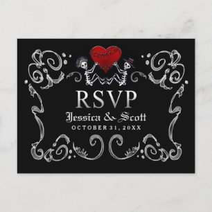 Cartão Postal De Convite Skeletons do Black White Halloween RSVP de Casamen