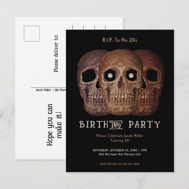Cartão Postal De Convite Skull Engraçado Brown Gothic Aniversário RIP Para  (Frente/Verso)