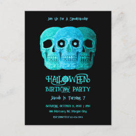 Cartão Postal De Convite Skull Engraçado Gótico Azul Teal Halloween Anivers