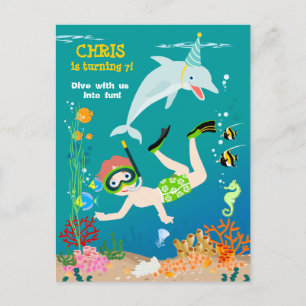 Cartão Postal De Convite Sob o mar golfinhos e festas de aniversário de gar