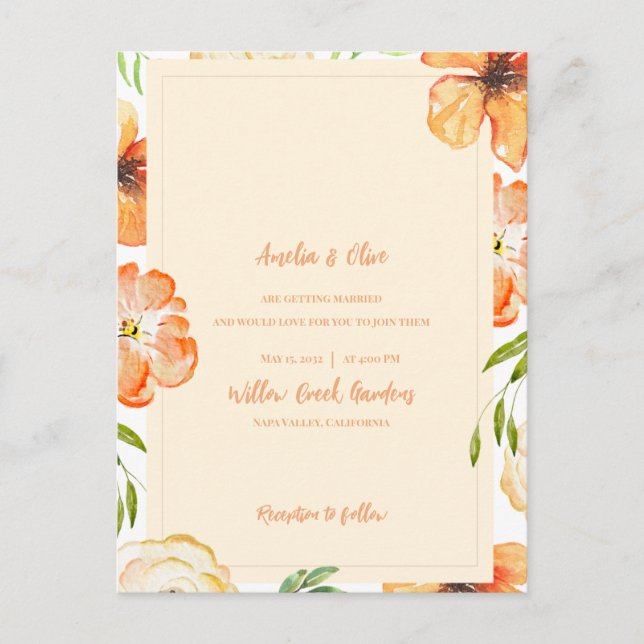 Cartão Postal De Convite Soft Peach Garden Meadow Florals Wedding (Frente)