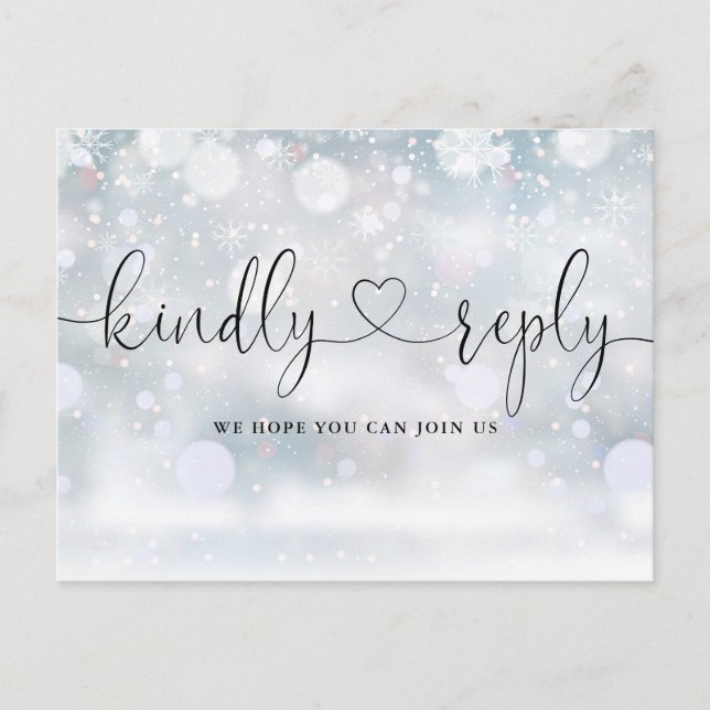 Cartão Postal De Convite Solicitação RSVP de Snowflakes de Heart Script (Frente)