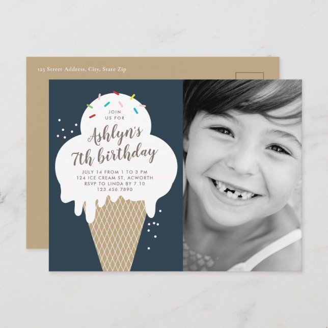 Cartão Postal De Convite Sorvete Cone Photo Aniversário de criança Party (Frente/Verso)