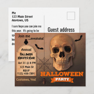 Cartão Postal De Convite Spooky Skull, Bats and Spider Halloween
