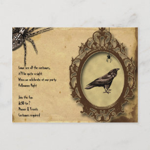 Cartão Postal De Convite Spooky Vintage Raven e Spider Halloween Convidam