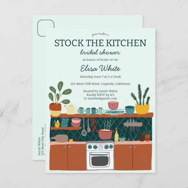 Cartão Postal De Convite STOCK THE KITCHEN Bridal Shower Cute CUSTOM (Frente/Verso)