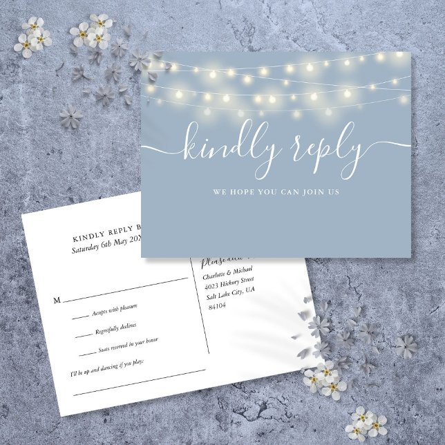 Cartão Postal De Convite String Lights Dusty Blue Song Request RSVP (String Lights Dusty Blue Song Request RSVP Invitation Postcard)