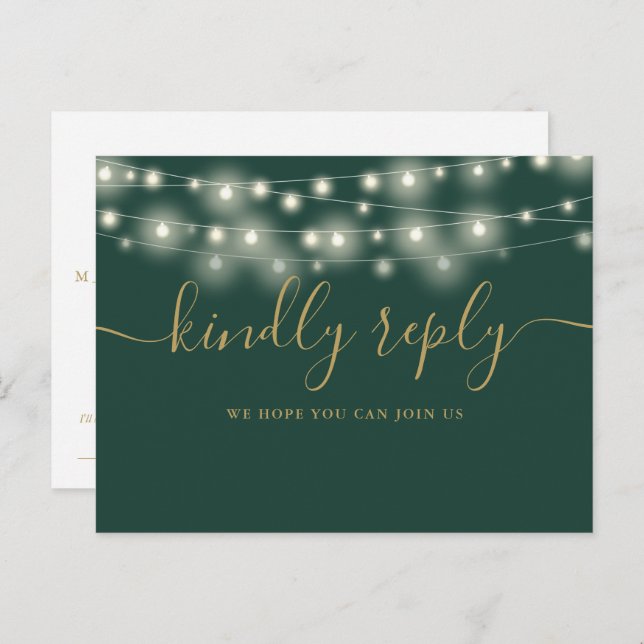 Cartão Postal De Convite String Lights Green E Dourada Song Request RSVP (Frente/Verso)
