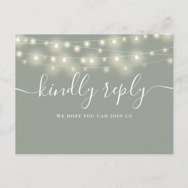 Cartão Postal De Convite String Lights Sage Green Song Request RSVP (Frente)