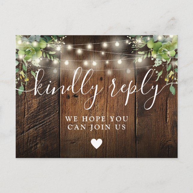 Cartão Postal De Convite String Lights Wood Song Request RSVP Postcard (Frente)
