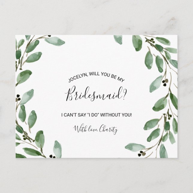 Cartão Postal De Convite Summer Greenery Tropical Eucalyptus Bridesmaid (Frente)