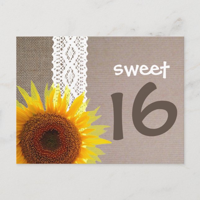 Cartão Postal De Convite Sunflower Burlap e Lace Sweet 16 Aniversário (Frente)