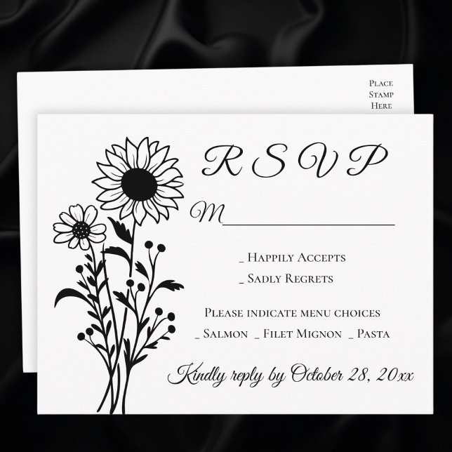 Cartão Postal De Convite Sunflower Country Floral Black White Weding RSVP (Criador carregado)