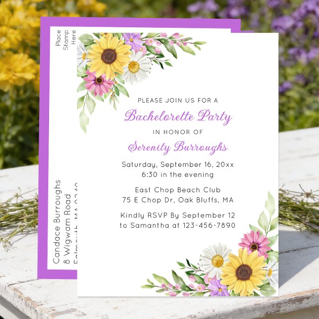 Cartão Postal De Convite Sunflower Daisy Boho Spring  Garden Bachelorette (Criador carregado)