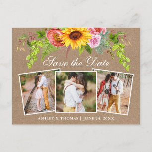 Cartão Postal De Convite Sunflower Floral Save Date 3 Photo Kraft