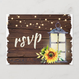 Cartão Postal De Convite Sunflower String Light Lanterna Rustic Wood RSVP