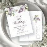Cartão Postal De Convite SURPRESA FESTA 60º Aniversário Púrpura Lilac Flora<br><div class="desc">Lilases púrpuras de aquarela suave criam um convite bonito para festas surpresa na primavera. A tipografia adiciona uma estética elegante. Faz parte da coleção Purple Primavera Lilac Flower. Ele permite que você escolha um tema e, em seguida, crie facilmente um conjunto único de convites, sinais de boas-vindas e decorações de...</div>