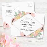 Cartão Postal De Convite Surpresa Floral Rosa Salva 50º Aniversário<br><div class="desc">Fundo branco feminino com diamante preto e branco no centro. Ao redor das bordas do diamante estão flores cor-de-rosa e amarelas com folhas verdes também. Todos os scripts e fontes em negrito são um modelo de texto que você pode alterar. Na parte traseira há um endereço de retorno e uma...</div>