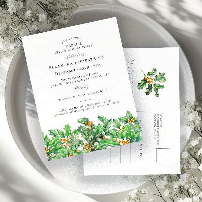 Cartão Postal De Convite SURPRISE PARTY 18th Birthday December Birth Flower (Criador carregado)