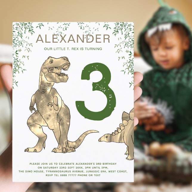 Cartão Postal De Convite T-Rex Dinossaur Jungle aniversário de 3 anos Orçam (Boys dinosaur jungle modern 3rd birthday party budget invitation with T-Rex and stegosaurus dinos)